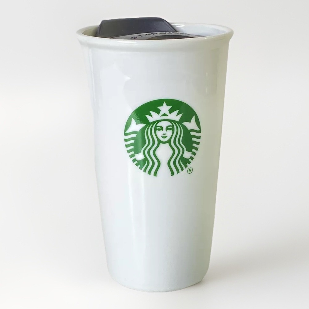 Starbucks Green‎ Mermaid Siren Logo Ceramic Travel Mug 10 oz White Tumbler